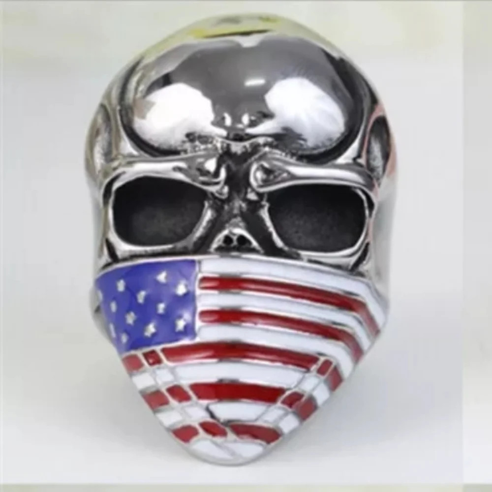 NWT Mens Stainless Steel Biker Design USA Flag Face Mask Skull Ring 8 9 10 11